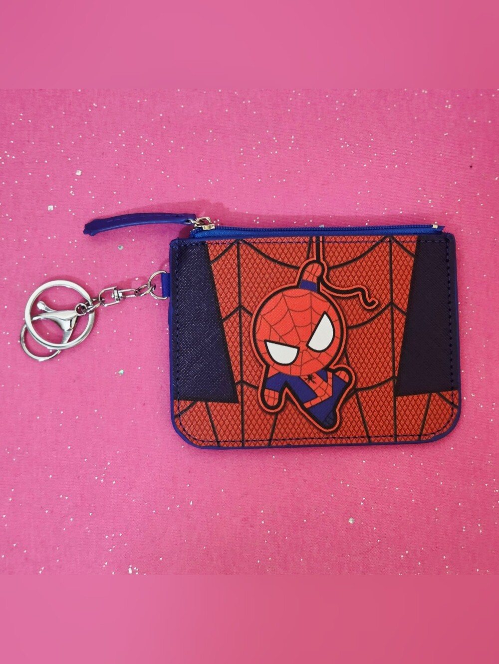 Spider-Man Blue/Red Synthetic Graphic Print Zip ID Holder Wallet w/ Keyring